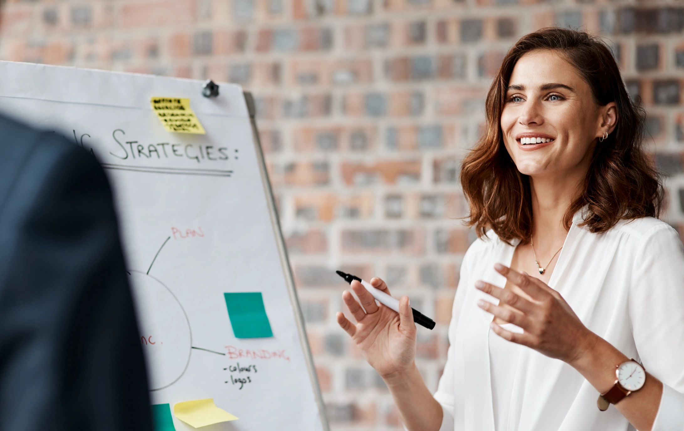 Professional presenting leadership strategy on a whiteboard